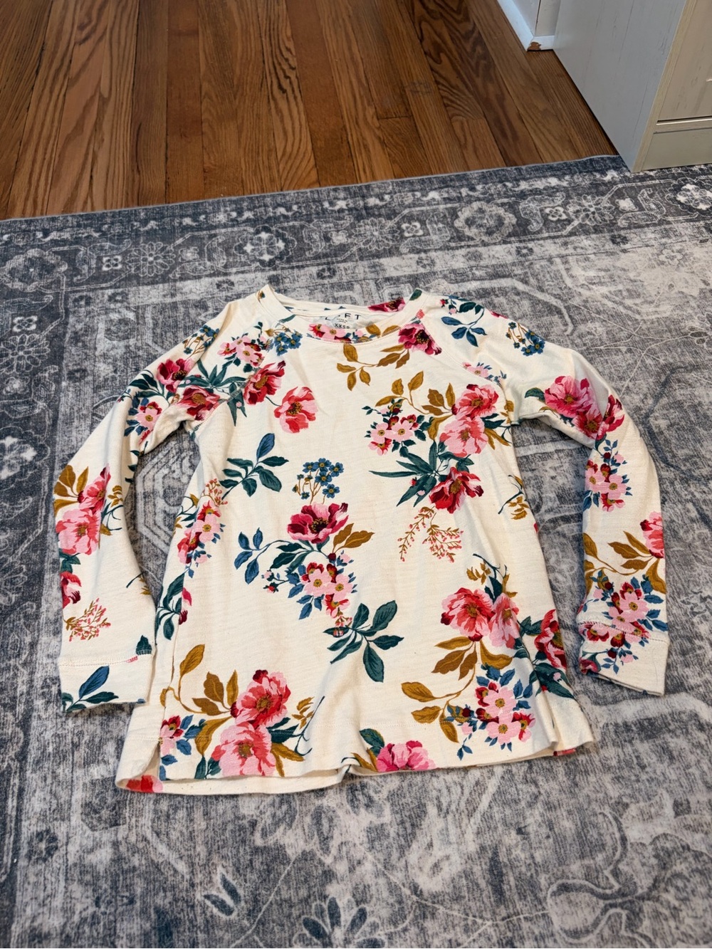 LOFT 100% cotton Cream Long-Sleeve Floral Tee with Pink & Teal Accents